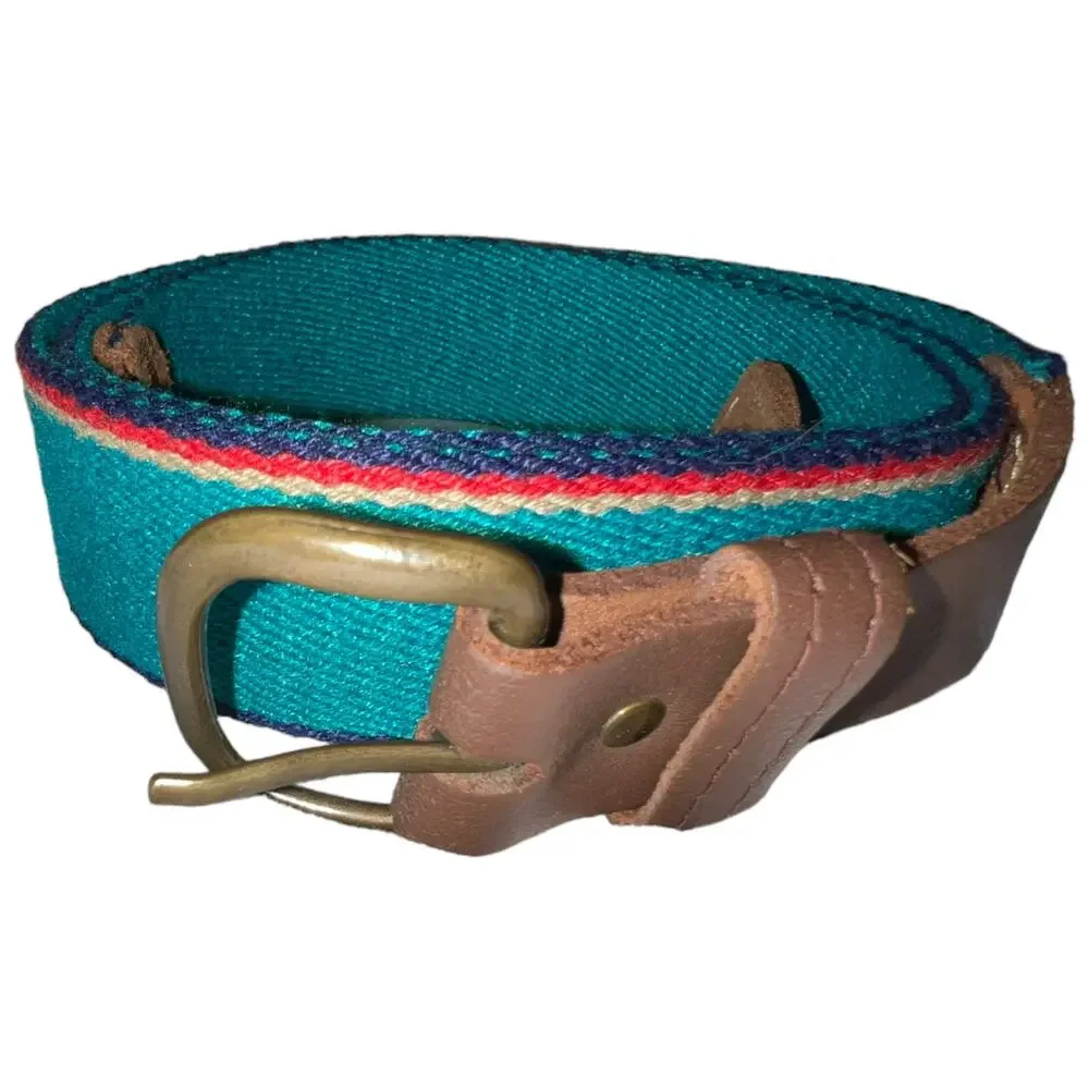 unbranded Vintage Blue Striped Belt with Leather Accents 37-40 Inch Waist